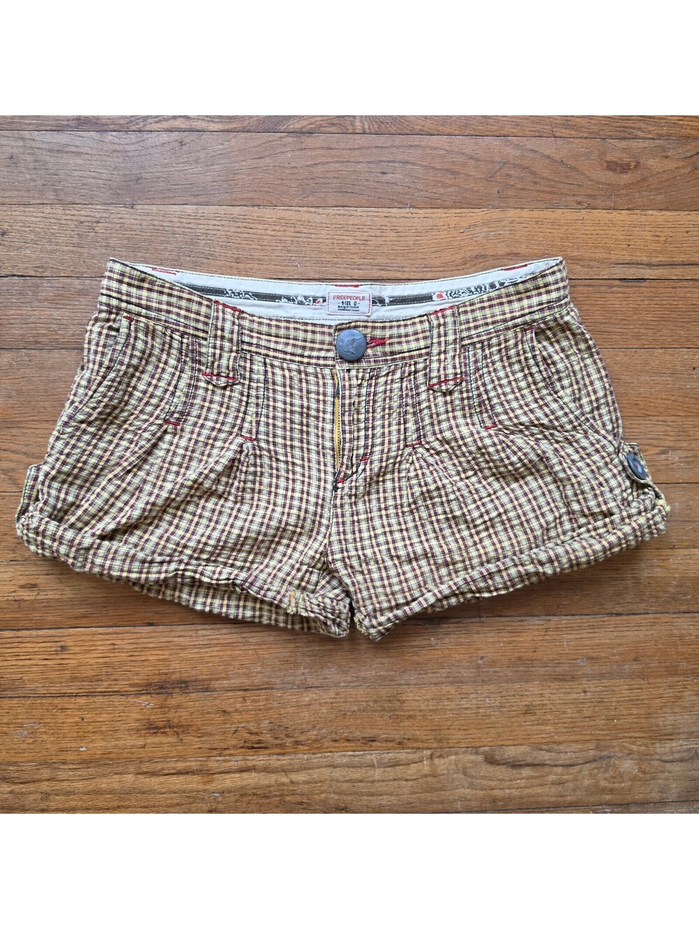 Free People Size 0 Plaid Cotton Shorts with Pockets and Button Closure
